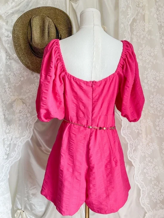 Hot Pink Puff Sleeve Barbie Cottagecore Sweetheart Neckline Romper - Picture 2 of 4